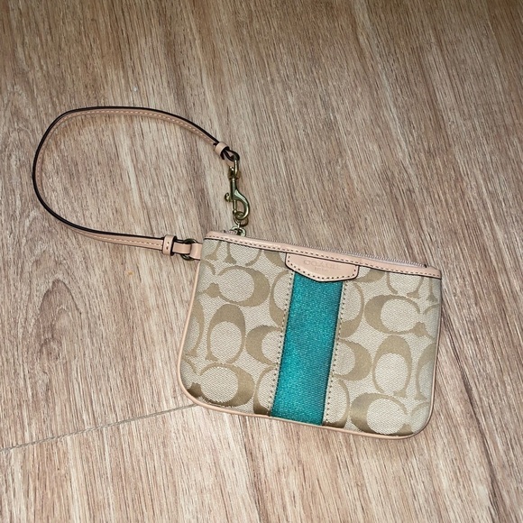 Coach Handbags - COACH SIGNATURE STRIPE SMALL WRISTLET (COACH F51106) BRASS/KHAKI/EMERALD